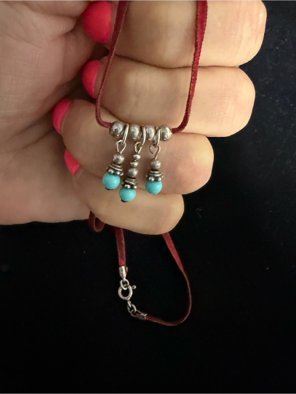925 Sterling silver red leather and turquoise necklace